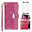 Phone Case for Samsung Galaxy S7 Edge Wallet Cover With Tempered Glass Screen Protector and Wrist Strap Bling Glitter Flip Zipper Credit Card Holder Slot Stand Cell S7edge S 7 GS7 7s 7edge Rose Red
