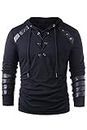 Men Gothic Steampunk Drawcord Lace up Hoodie Medieval Knight Long Sleeve Stitching Leather Armor Sweatshirt Pullover Black, M
