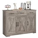 HOSTACK Modern Farmhouse Buffet Sideboard Cabinet, Barn Doors Storage Cabinet with Drawers and Shelves, Wood Coffee Bar Cabinet with Storage for Dining Room, Kitchen, Living Room, Ash Grey