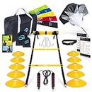 Invincible Fitness 20ft. Agility Ladder Set - Includes 10 Cones, 5 Loop Bands, 4 Hooks, Resistance Parachute, Jump Rope, & Carry Bag - Improves Power, Speed, Strength, Weight Loss & Physiotherapy