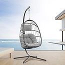 Egg Swing Chair with Stand Hanging Egg Chair Outdoor - Rattan Wicker Patio Hanging Basket Chair Hammock Chair with Aluminum Steel Frame and UV Resistant Cushion for Indoor Bedroom Balcony (Grey)