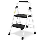 HBTower 2 Step Ladder, Folding Step Stool with Handgrip, 500 LBS Portable Steel Ladder for Adults and Kids, for Home Kitchen Library Office, White