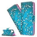 LEMAXELERS Motorola Moto E32 4G Phone Case Moto E32 4G Cover Shockproof Apricot Flower PU Leather Flip Wallet Case Magnetic Stand Card Slot Case for Moto E32 4G,BF Blue Apricot