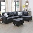 UBGO Living Room Furniture, L-Shape, 3-Piece Sectional Sofa Set Include Three-Seater Couch with Chaise Lounge & Storage Ottoman, Faux Leather, Black(Right Hand Facing)