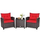 Happygrill 3 Pieces Patio Conversation Set Rattan Wicker Furniture Set Outdoor Bistro Set Garden Sofa Chair with Washable Cushion & Coffee Table