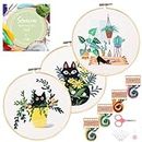 Santune 3 Pack Embroidery Kits for Adults Cross Stitch Kits for Beginners Hand Embroidery with Cat Patterns and Instructions Hobby Kits for Adults with Embroidery Hoops, Threads and Needles