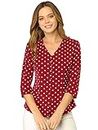 Allegra K Women's V Neck Shirt 3/4 Sleeve Button Front Vintage Work Tops, Red, 12
