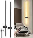 Battery Operated Wall Lights Indoor, USB Rechargeable Wall Light with Remote Control, Dimmable Wireless LED Wall Lamp Black 100CM, 360° Rotation Modern Wall Sconces for Living Room, Bedroom, 2 Pack