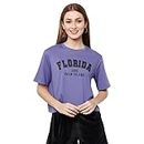 VISO Women's Vibrant Oversized Crop Printed Purple (M) T-Shirt for Women and Girls