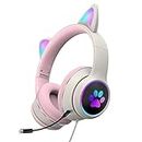 CALIDAKA LED Light Up Headphones with Microphone Foldable Cute Cat Ear Gaming Headset with RGB LED Lights USB 3.5mm Wired Over Ear Gaming Headphones for PC, Mobile Phone-Pink