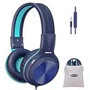 SIMOLIO Headphones Wired for Kids School Travel, Safe Volume 85dB/94dB/104dB, Over-Ear Boys Headphones with Microphone & Shareport, Foldable Durable & Adjustable Headset for Teens Adult Blue