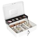 Sumerfnt Cash Box with Lock and Money Tray Money Box for Cash, Metal Lock Box for Money Cash Register for Small Business - 11.8" x 9.4" x 3.54" White