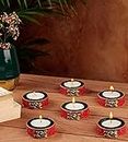 Karigar Shop Wooden Stone Work Candle for Home Décor Set of 6 Handcrafted Diwali Diya Decorative Showpieces Reusable Tealight Candle Holder for Living Room Dining Area Gifts Item (Red)