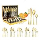Yindella 24 PCS Gold Plated Cutlery Set Wooden Box Stainless Steel Flatware Utensil Knife, Fork, Spoon with Storage Case for Wedding Festival Christmas Party Dinner Table