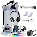 PS5/ Edge & PSVR 2 Controller Charging Station with AC Adapter and 3-Level Cooling Fan, RGB PS5 Cooling Station with PS5 & PS VR2 Controller Charger, PS5 Stand for PS5 Accessories Storage, 4 USB Hubs