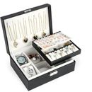 Ebern Designs Jewelry Box Organizer for Women Girls,2 Layer Travel Jewelry Holder Organizer Case w/ Lock, Wood in Black | 9 W x 6.9 D in | Wayfair