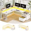 SEDETA White L Shaped Gaming Desk, 66" Home Office Desk with File Drawer, Power Outlet and Led Lights, Corner Computer Desk with Monitor Shelf, Printer Storage Shelves, for Two Person