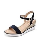 DREAM PAIRS Womens Wedges Sandals Open Toe Summer Beach Shoes Low Heel Sandals Navy SDPW2342W-E Size 6 UK