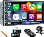 Upgrade Wireless Double Din Car Stereo with Carplay, Android Auto, Bluetooth, 4-Channel RCA, High Power, 2 Subwoofer Ports, 7" HD Capacitive Touchscreen Car Radio, Backup Camera, Audio Receiver