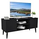 Yusong Retro TV Stand 50 Inch, Modern TV Bench TV Cabinet for TV Up to 55 Inches, Mid-Century Entertainment Center Stand TV Console with Doors and Shelves for Living Room Bedroom, Black