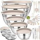 Umite Chef Mixing Bowls with Airtight Lids Set, 26PCS Stainless Steel Khaki Grater Attachments, Non-Slip Bottoms & Kitchen Gadgets Size 7, 4, 2.5, 2.0,1.5, 1QT, Great for Serving
