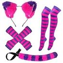 Pink and Purple Striped Cat Costume for Girls Women Halloween Cosplay Accessories, Cat Ears, Furry Tail, Striped Socks for Halloween Dress up