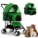 Emily Pets Stroller 3-in-1 Folding Dog Cat Stroller for Medium Small Dogs Cats 4 Wheels Lightweight Travel Pet Stroller Dog Strollers Cat Stroller with Detachable Carrier (Green)