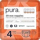 Pura Premium Eco Baby Toddler Nappies Size 4 (Maxi 7-18kg / 15-40 lbs) 1 Pack of 29 Diapers, EU Ecolabel Certified, Made with Organic Cotton, up to 12 hour Leakage Protection