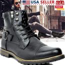 Men Motorcycle Combat Boots Military Boots Riding Ankle Leather Boots Black Size