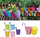 Metal Iron Hanging Flower Pots 5 Pcs Colorful Bucket Balcony Garden Iron Pots with Removable Hooks Drainage Hole for Balcony Garden Fence Home Decor Ornaments