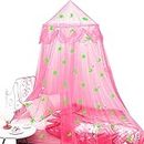 Bed Canopy for Girls with Glow in The Dark Stars Moons, Princess Canopy Dome Mosquito Net Birthday Gifts for Kids Bedroom Decor Pink