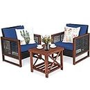 Tangkula 3 Pieces Patio Wicker Furniture Set, Rattan Outdoor Sofa Set w/Washable Cushion & Acacia Wood Coffee Table, Conversation Bistro Set for Garden Balcony Backyard (Blue)