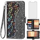 Asuwish Phone Case for Moto E5 Play E 5 Cruise 5E Go Wallet Cover with Screen Protector and Wrist Strap Flip Card Holder Bling Glitter Stand Cell Motorola MotoE5play MotoE5 E5play Women Girls Black