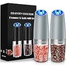 Gravity Electric Pepper and Salt Grinder Set, Adjustable Coarseness, Battery Powered with LED Light, One Hand Automatic Operation, Light Grey, 2 Pack