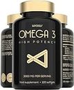 Fish Oil Omega 3 Capsules High Strength - 3000mg Triple Potency - Easy to Swallow with No Fishy Aftertaste - 120 Softgels - UK Made Omega 3 Supplements High in DHA & EPA - Pure & Sustainable Fish Oil