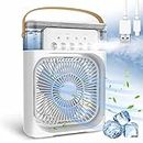 Portable Humidifier Air Cooler Mist Fan Mini Table Fan for Home with 3 Speed Mode with Water Spray, 7 Color LED & Timer, USB Personal Cooler Desk Fan for Shop, Office, Kitchen (White)