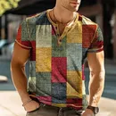 Patchwork Farb block 3D-Druck Vintage Henley Shirts Herrenmode übergroße Button-Down-Kurzarm T-Shirt