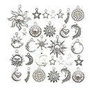 80 pcs Craft Supplies Mixed Antique Silver Sun Moon Stars Charms Pendants for Crafting, Jewelry Findings Making Accessory for DIY Necklace Bracelet WM250