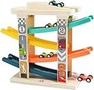 TOP BRIGHT Car Race Toy for Toddlers, Race Track Game Toy Vehicle Sets with 4 Wooden Cars, 1 Parking Garage and 4 Car Ramps, Montessori Toys Gifts for Boy Girl Age 18 Months and Up