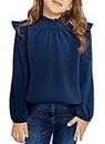 blibean Girl Fall Blouse Ruffle Long Sleeve Tops Tween Kid Solid Tee Shirt Casual Semi Formal Western Outfit Spring Fashion Party Clothes Size 6 7 Year Old Navy Blue