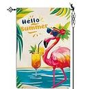 Jauageon Hello Summer Flamingo Bandiera da giardino con succo di frutta Bandiera da giardino Oceano verticale su entrambi i lati Rustico Terreno agricolo iuta Yard Prato Decorazione esterna 31,8 x
