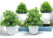 GREEN INDIA Bonsai Artificial Plant with Pot Combo Set of 4 2 Green Different Unique Design for Home, Office, Shop, Balcony Garden Decoration (~14 cm, Green).