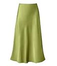 Women's Satin High Waist Hidden Elasticized Waistband Flared Casual A Line Midi Skirt, Apple Green, Medium
