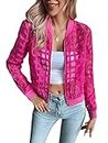 Floerns Women's Hollow Out Long Sleeve Baseball Collar Zip Up Bomber Jacket Hot Pink M