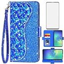 Asuwish Phone Case for Samsung Galaxy S10 Plus Wallet Cover with Screen Protector and Flip Card Holder Bling Glitter Cell Glaxay S10+ Galaxies S10plus 10S Edge S 10 10plus Cases Women Girls Blue