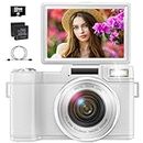 4K Autofocus Digital Camera for Photography, 48MP Vlogging Camera for YouTube, Compact Video Camera with 16X Digital Zoom, 3’’180°Flip Screen White Camera with SD Card&2 Batteries