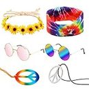 R HORSE 7Pcs Hippie Costume Set Peace Sign Necklaces Flower Headband Hippie Sunglasses Tie Dye Headband 60s Hippie Accessories for Women Men