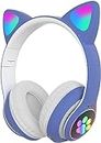 Daemon Bluetooth Headphones for Kids, Cute Ear Cat Ear LED Light Up Foldable Headphones Stereo Over Ear with Microphone/TF Card Wireless Headphone for iPhone/iPad/Smartphone/Laptop/PC/TV (Blue)