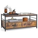 Giantex Industrial Coffee Table with Storage, Living Room Rectangular Center Cocktail Table w/ 2 Drawers & Open Shelf, Accent Sofa Console Table w/Sturdy Metal Frame & Wooden Top, Rustic Brown