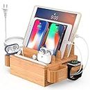 Watch and Phone Charging Station, Electronic Organizer Dock Stand- for Mulitple Devices, Cell Phones, Tablets, with Power Charger and 6 Cables, Bamboo